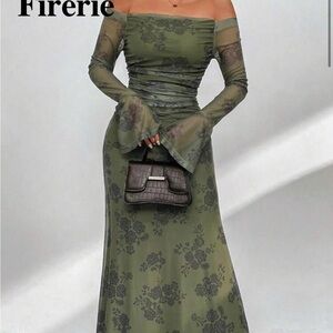 SHEIN Olive Green Dress with Black Floral Design